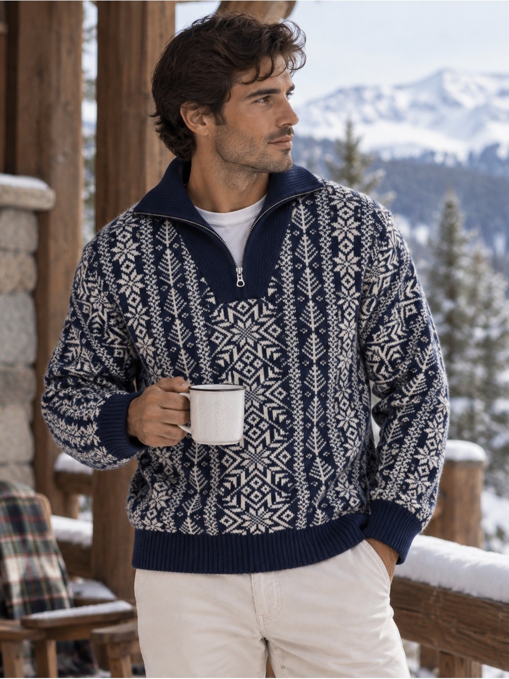 J.Crew Fair Isle Nordic Quarter Zip Sweater Navy Cream Sz M